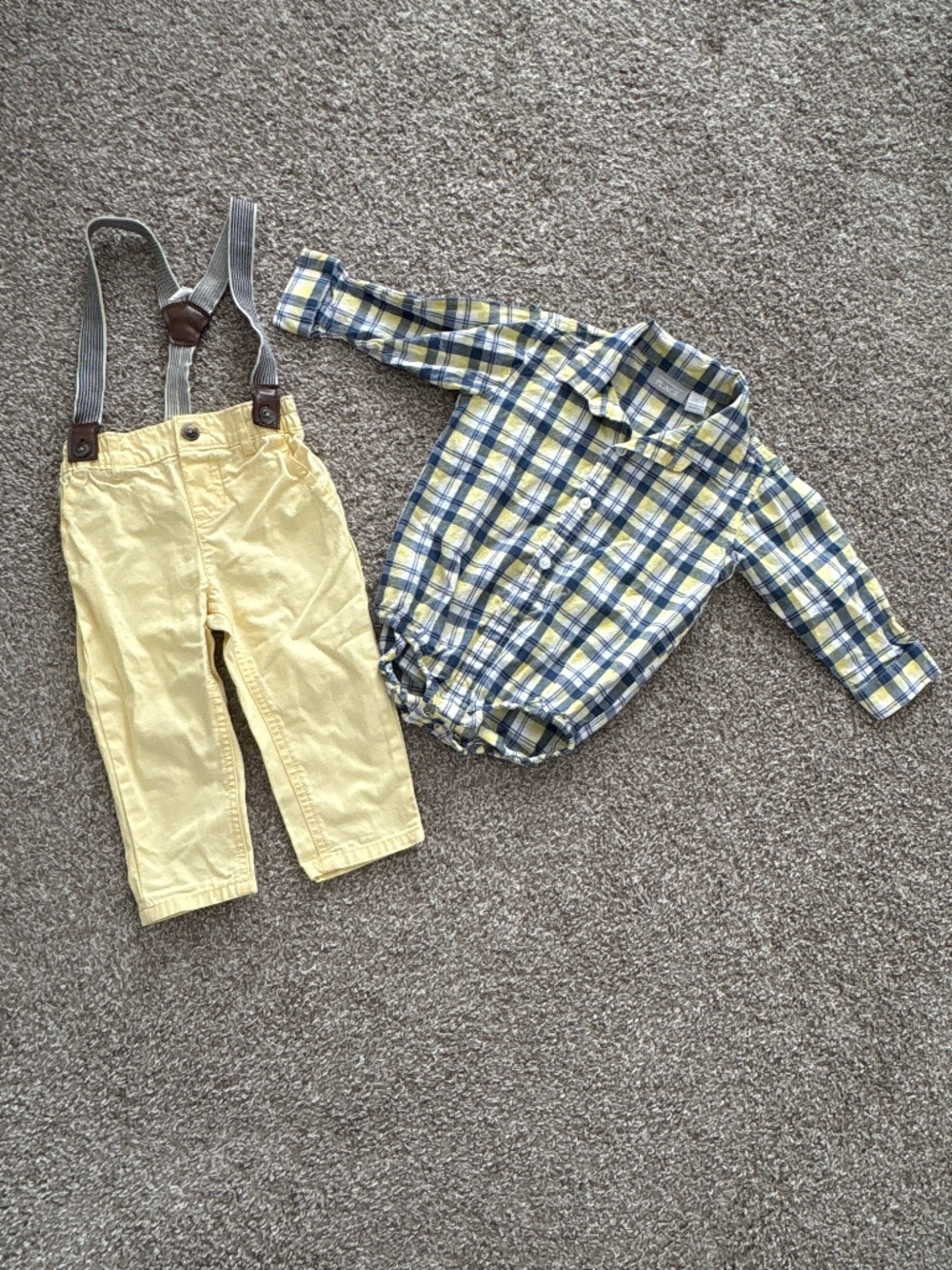 The children’s place yellow and blue suspender button down outfit size 9-12